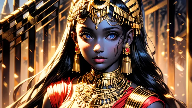 (high-quality:1.2),ultra-detailed,(realistic:1.37),an Egyptian goddess in full body,beautiful detailed eyes,beautiful detailed lips,extremely detailed face,golden headdress,elaborate jewelry,flowing silk dress,standing gracefully in a mystical garden,set a...