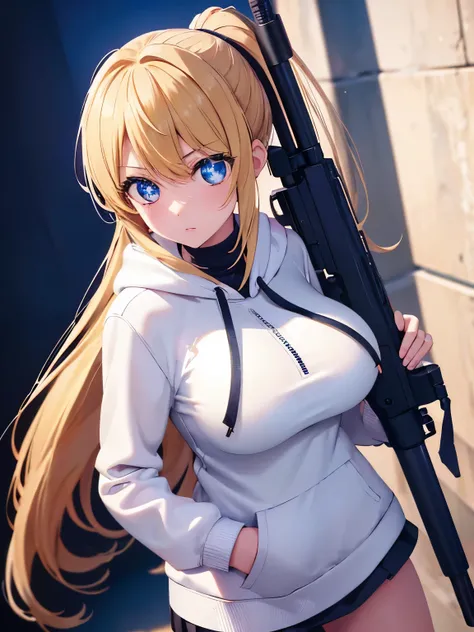 1woman,super beautiful,Stand,Holding a sniper,,half body photo,Beautiful eyes, very detailed face,cute,HD face, perfect face, white hoodie,long hoodie,black mini skirt,Very big breasts,Blonde hair,long hair,ponytail,bangs,blue eyes,ultra detail,ultra Hd, m...