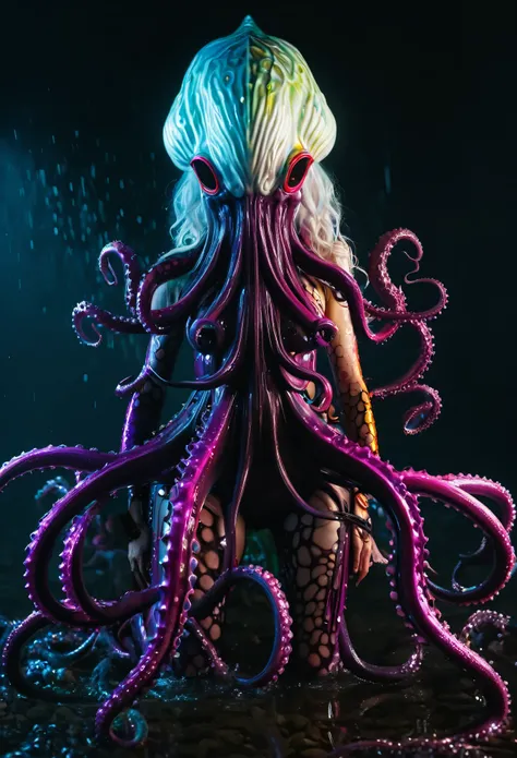 8K, ARTISTIC photogrAphy, best quAlity, mAsterpiece: 1.2), A (potrAit:1.2) witch Cthulhu soldier, FUCSIA-BLACK many octopus style tentacles, full body RAW candid cinema, white hair, 16mm, color graded portra 400 film, remarkable color, ultra realistic, sad...