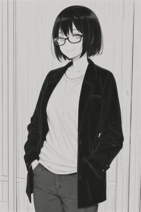 The best masterpiece,1 girl,alone,short hair,black hair, Wear glasses,outdoor,rain,neon light, smile softly, hands in pocket, look away, from the side, line art, Black & White, 