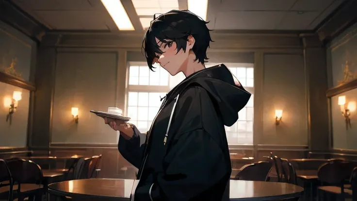 Beautiful illustrations, highest quality, Handsome high school student,Boyfriend , Stylish cafe, Baby Face, Beautiful black hair, Beautiful and exquisite black eyes, Cinema Lighting, View your viewers, Happy , Black hoodie , 8k , Entertainer