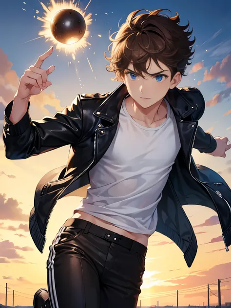 1boy,guy,Running, throwing bombs,,blue eyes,half body photo,18 years old,Curly hair,medium hair,undercut hairstyle,light brown hair,black jacket,Leather jacket,white t-shirt,white trousers,morning,ultra detail,masterpiece