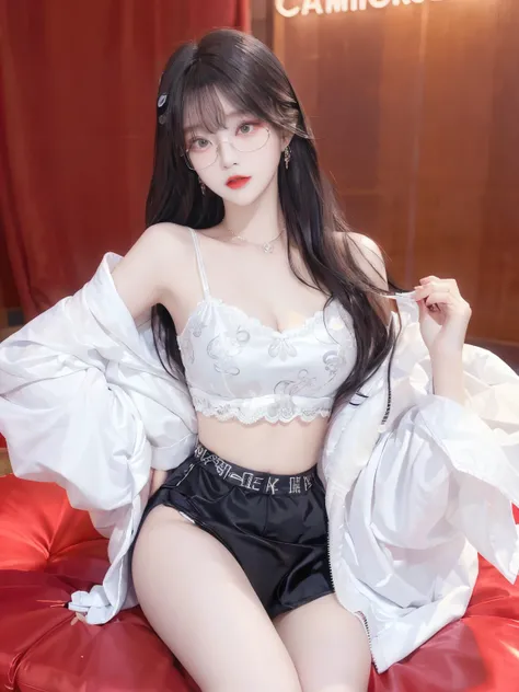 Top image quality、Raw photography、A high resolution、20-year-old cool Korean、big round chest、thin silk jacket、red lace underwear、Beautiful Eyes of Details、very elongated eyes、Beautiful eyelashes、Beautiful double eyelids、eyeshadows、 wearing super tight mini ...