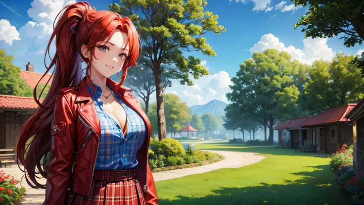 1girl, summer, village, trees, sun, clouds, ((red hair)), long hair, curly hair, ponytail, large breasts, button down shirt, ((blue checked shirt)), ((unbuttoned shirt)), cleavage 1:3, brown eyes, ((opened red zipper jacket)), leather jacket, ((red black s...