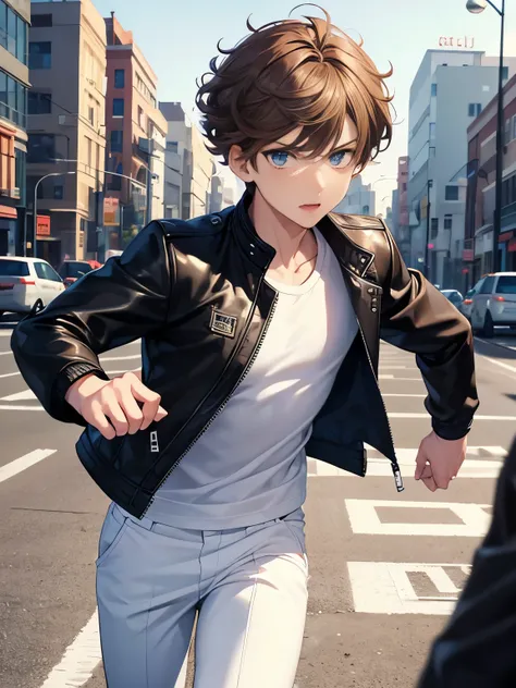 1boy,guy,Running, throwing bombs,,blue eyes,half body photo,18 years old,Curly hair,medium hair,undercut hairstyle,light brown hair,black jacket,Leather jacket,white t-shirt,white trousers,morning,ultra detail,masterpiece