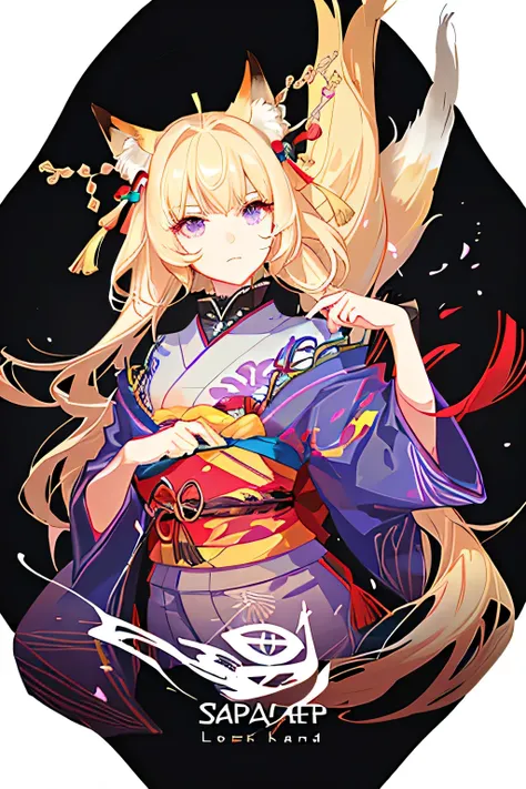 ((genshin impact character)), 1girl, solo, purple eyes, blonde hair, looking at viewer, long hair,  upper body, hair ornament, black gloves, white with red patterned kimono, shirt, fox ornament, bangs, blonde hair, closed mouth,  star (symbol), collared sh...