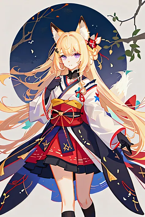 ((genshin impact character)), 1girl, solo, purple eyes, blonde hair, looking at viewer, long hair,  upper body, hair ornament, black gloves, white with red patterned kimono, shirt, fox ornament, bangs, blonde hair, closed mouth,  star (symbol), collared sh...