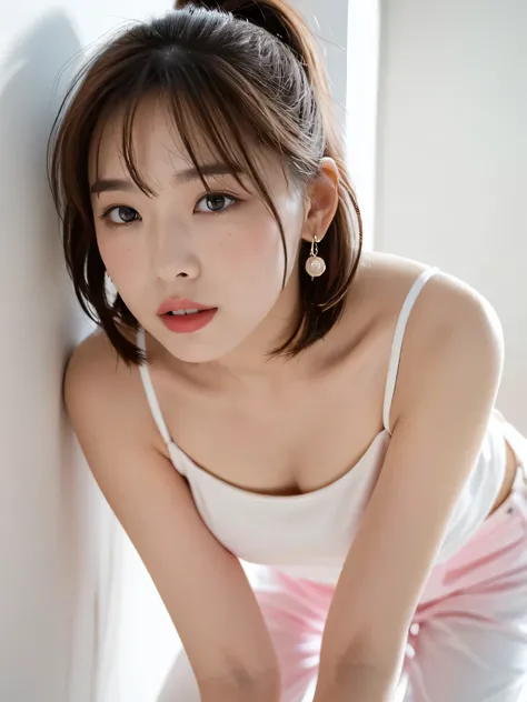 Age 25, 1 person, ((Beautiful female announcer, Cute mouth:1.2)),
((Gorgeous Earrings, Long Necklace:1.2)), 

((A fitted white satin T-shirt, Hot pants in pink color, The length is short and the thighs are visible:1.5)),
((Standing leaning against the wall...