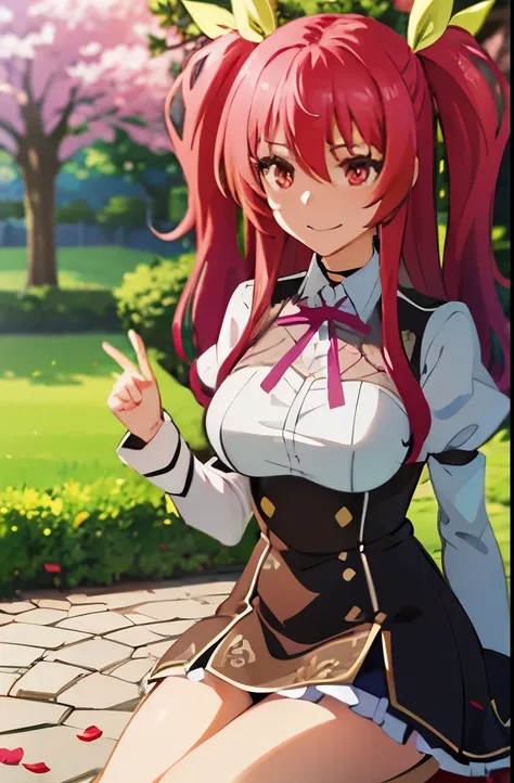 Highly detailed, High quality, Masterpiece, Beautiful, (Medium long shot), 1 woman, alone, Stella Vermillion, happy, ruby ​​eyes, crimson hair, 2 pigtails, wearing a , in a park, sitting posing for a wallpaper, falling petals, detailed background,