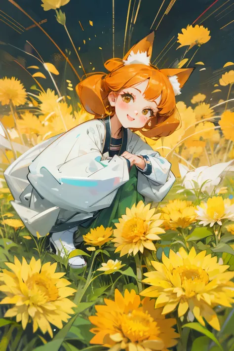 A fox-human girl surrounded by countless dandelions, stylish clothes, cute clothes, squatting, smiling, blushing, looking at the viewer