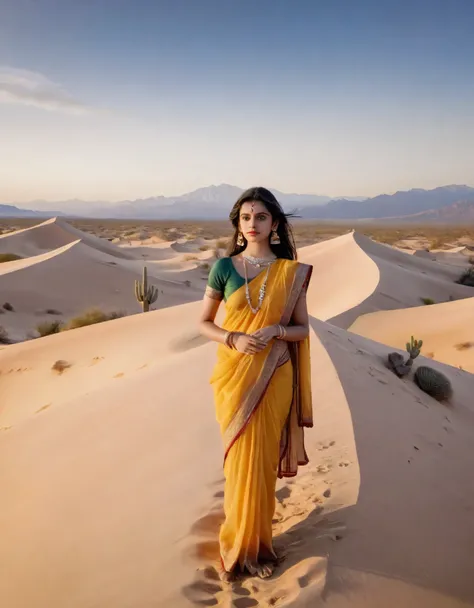 Cinematic film still with a 35mm lens, F2.8 aperture, and octane render, now depicting a solitary girl in a detailed desert landscape wearing traditional Indian attire. She’s dressed in a colorful sari with intricate patterns, complemented by gold jewelry ...
