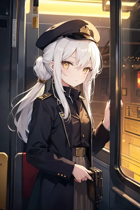 white hair，golden eyes，long ponytail，15-year-old girl，petite，dark train，train conductor，driver，yellow springs train，old，dark