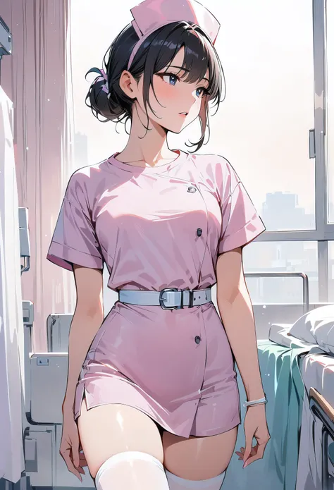 (masterpiece, best quality:1.2), 1 girl, alone , sexy , cowboy shot, black hair ,hair bun,  solo, nurse, nurse cap, pink wear, ((white legwear)),  standing, ((hospital room)), sharp outline, short sleeves, 