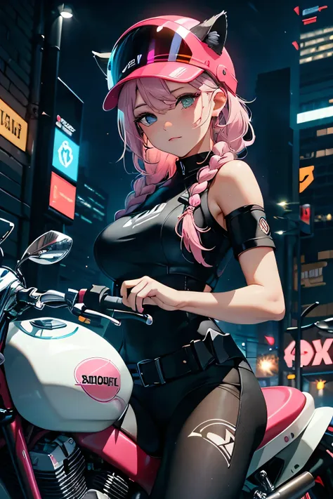 Highest image quality, outstanding details, ultra-high resolution, the best illustration, favor details, highly condensed, 1girl with long braids , woman sitting on a rose sports moto, rose vibe, combine, (rose colors),futurist style , une motarde, sitting...