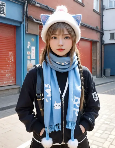 A hyper-realistic rendering of a cat girl, adorned with a trendy hat and scarf, exudes the style of a British gang member with West Slavic characteristics. The scene is set in a Punk outfits-inspired Street style environment, reminiscent of a fashionable C...