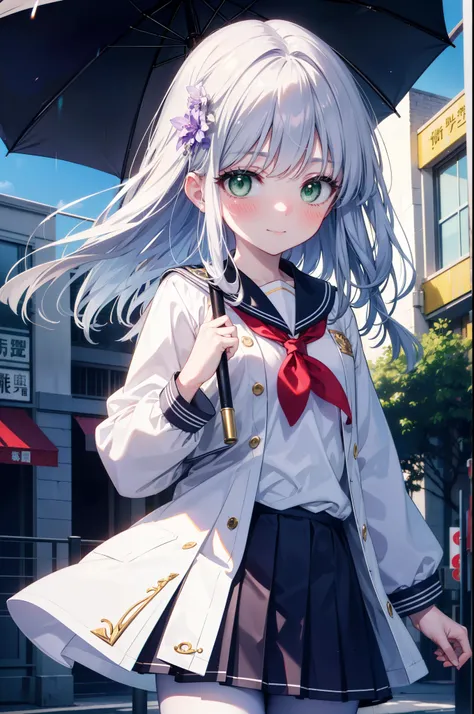 index, index, (Green Eyes:1.5), Silver Hair, Long Hair, (Flat Chest:1.2),smile,blush,Embarrassing,Upper Eyes, uniform(Purple sailor suit),Purple pleated skirt,White pantyhose,Brown Loafers,rain,cloudy,彼女は透明なumbrellaを持ち,umbrella,umbrellaのグリップを両手で掴んで持っている,ev...