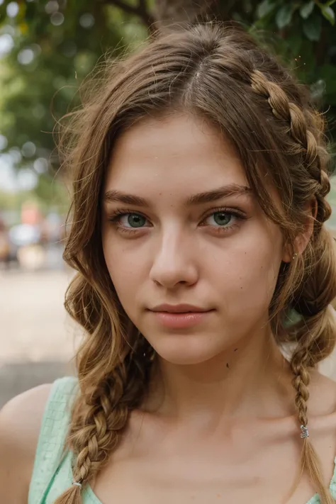 a 20 year old girl with blonde braided hair, green eyes, in the public, selfie, portrait, looking directly in the camera, close up to the face, front view,