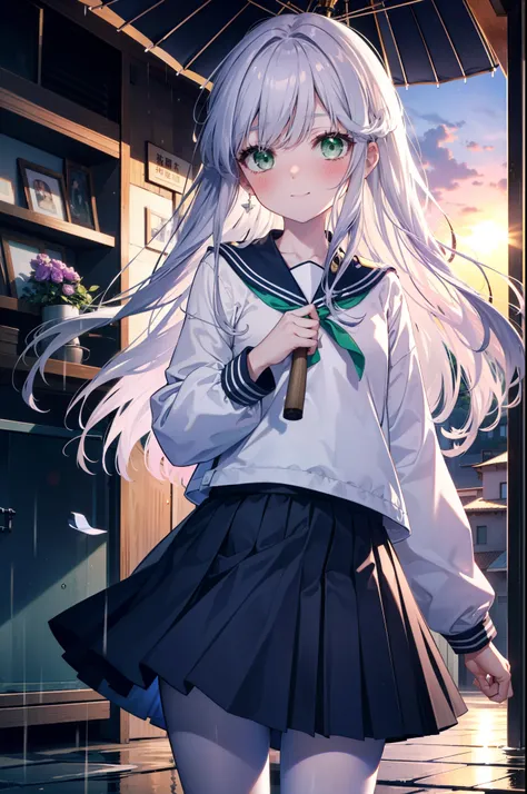 index, index, (Green Eyes:1.5), Silver Hair, Long Hair, (Flat Chest:1.2),smile,blush,Embarrassing,Upper Eyes, uniform(Purple sailor suit),Purple pleated skirt,White pantyhose,Brown Loafers,rain,cloudy,She has a transparent umbrella,屋根が建物でrain宿り,rain宿り,Pudd...