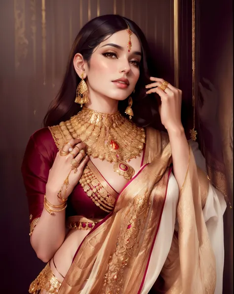 a woman in a sari and jewellery poses for a picture, gold jewellery, heavy gold jewellery, wearing gold jewellery, golden jewellery, intricate set, wearing elegant jewellery, intricate jewellery, gold jewelry, intricate gold jewlery, elaborate gold jewelry...