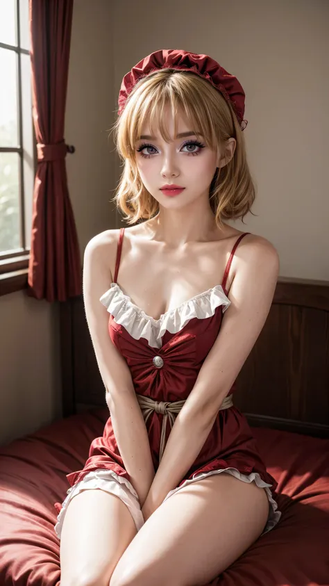 touhou project, flandre scarlet sitting on the bed wearing jk, cross your hands at your waist, light hair, warm lighting, blurre...