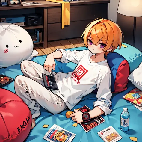 light yagami playing video games and next to him there are two plastic bottles and a wrapper of chips