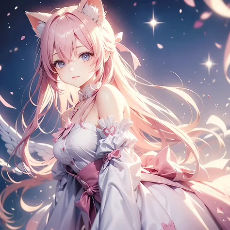 cat with pink ribbon、pink hair、pink eyes、pink clothes、gamer、headphone、sparkle effect、angel wings on the back