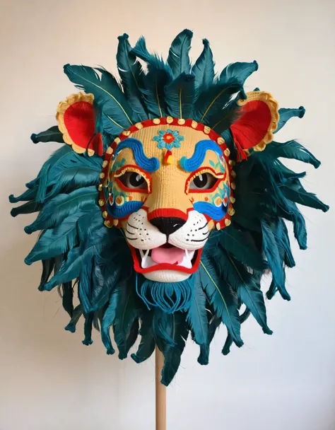 Handcrafted crochet lion dance costume, vibrant colors, detailed. The lion mask features exaggerated cartoon eyes and open mouth with a playful tongue. Decorated with floral patterns in white, gold, and red, accented with blue and green. The texture of the...