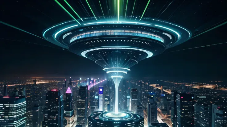 A panoramic view of a futuristic utopia, where towering skyscrapers and floating platforms dominate the skyline in a breathtaking cityscap
e. The ever-changing lights dance across the buildings, casting a mesmerizing display of colors against the night sky...