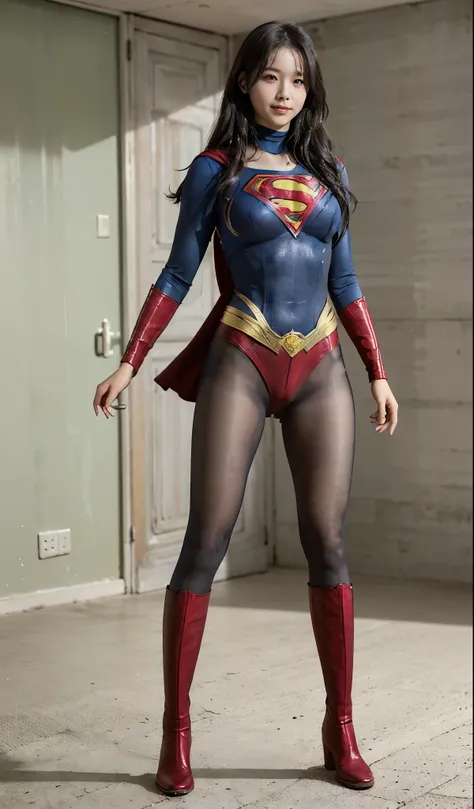 No background、(((Beautiful legs in black tights.)))、(((Legally express the beauty of your smile)))、((((Make the most of your original images)))、(((Supergirl Costume)))、(((Beautiful Hair)))、(((suffering)))、(((Please wear black tights....、Wear red boots)))、(...