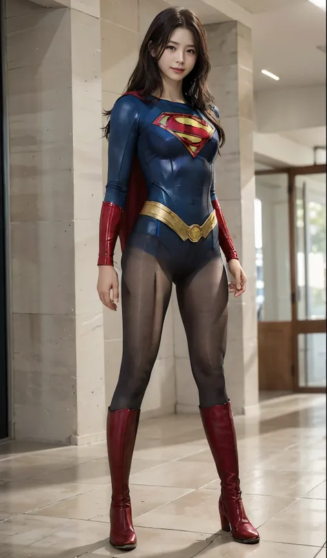 No background、(((Beautiful legs in black tights.)))、(((Legally express the beauty of your smile)))、((((Make the most of your original images)))、(((Supergirl Costume)))、(((Beautiful Hair)))、(((suffering)))、(((Please wear black tights....、Wear red boots)))、(...