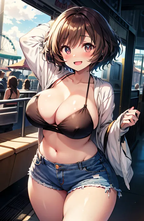 Anime illustration、highest quality、Short high school girl、Tube top、hot pants、amusement park、Ferris wheel、Perfect proportions、overwhelmingly big breasts、Thick legs、Beautiful, shining eyes、Blushed、smile、Cowboy Shot