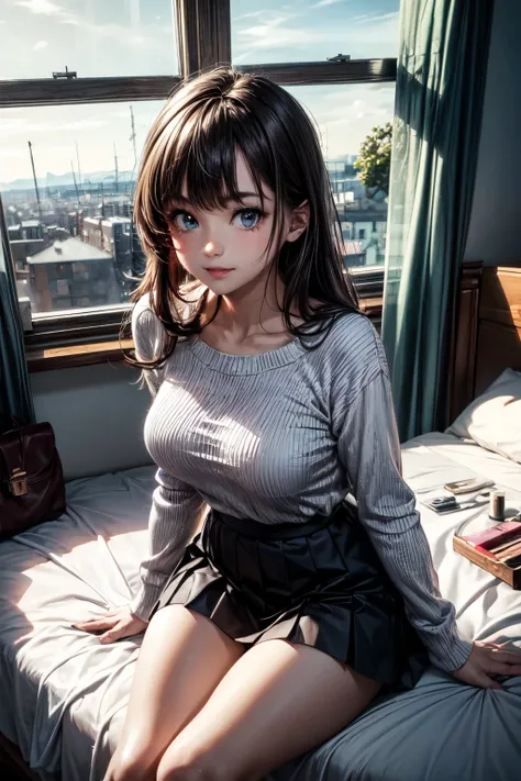 very cute and beautiful girl,(highly detailed beautiful face and eyes),
sitting on bed sheet,white knit,looking at viewer,(smile),black hair,pleated black mini skirt,
fashion bag,cosmetic bags,
antique hotel bedroom,window,distant trees and town,
(best qua...