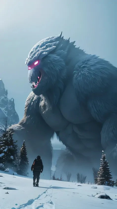 A big foot monster between mountain in ice storm