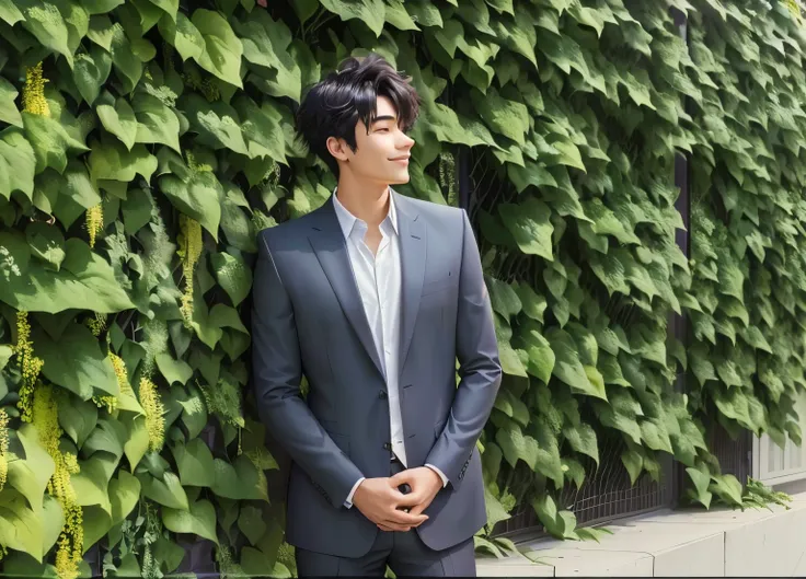 arafed man in a suit standing in front of a wall of plants, profile shot, ( side ) profile, smiling young man, taken with canon 8 0 d, yuya nagai, taken in the early 2020s, 165 cm tall, profile pose, takeyuki kanda