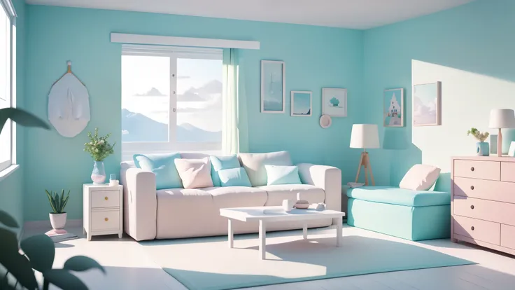 pastel colour、Simple room、Live Room，Realistic Appearance, sofa，Body pillow，Painting，Simple decoration，summer、Clear skies，landscape，Inside the room，4K，masterpiece，High resolution，Very complicated,（Realistically：1.4），Clay Rendering，White Background，