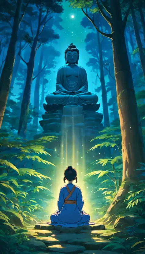 Gautama buddha , forest scenery, nature, night, girl praying