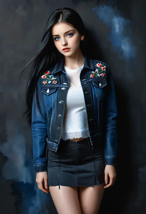 beautiful girl dressed in short skirt and embroidered black denim jacket, long black hair and blue eyes, pale skin, realistic, c...