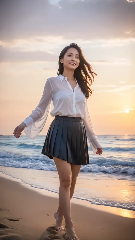 ((top quality)), ((8k)), ((masterpiece: 1.3)), (perfect appearance), (photorealism: 1.6), (japanese woman walking on the beach w...