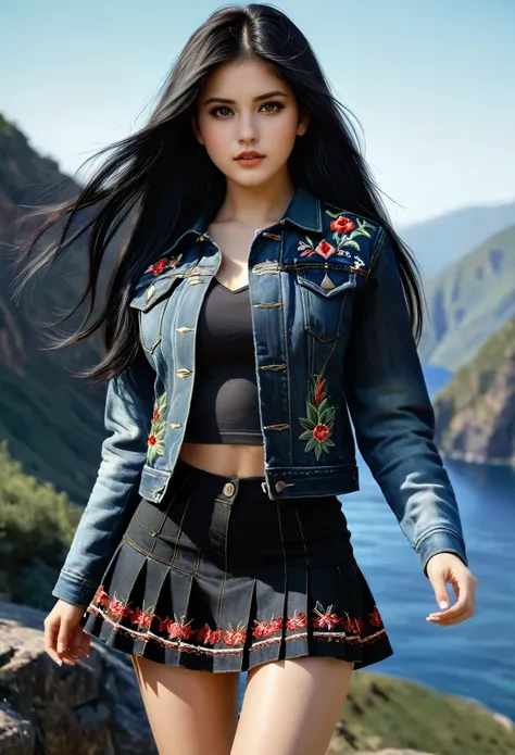 Beautiful girl dressed in short skirt and embroidered black denim jacket, long black hair and brown eyes, pale skin, realistic, cute, detailed painting, sharp, plump body, medium breast, curved body, dramatic lighting, background nature, black background,
...