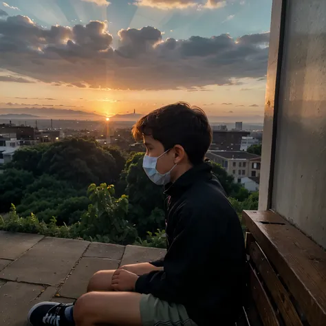 A boy sitting and watching sunset and hiding face 