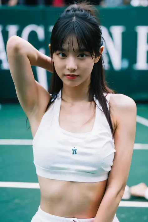 (beautiful korean female idol:1.25), (58 inch breasts size), (fleshy juicy body:1.5), (thick arms:1.5), (holding racket - playin...