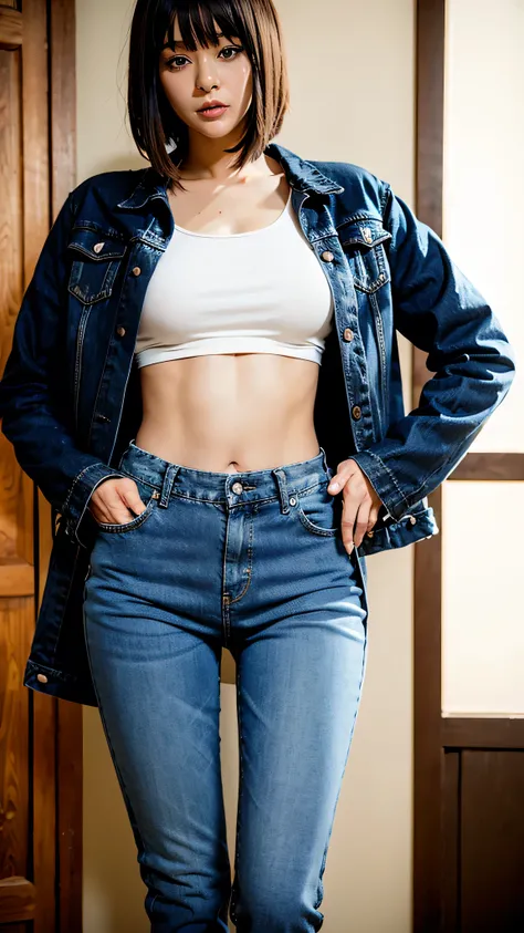 denim pants:1.3, slightly bigger breasts:1.2, Jacket, medium bob