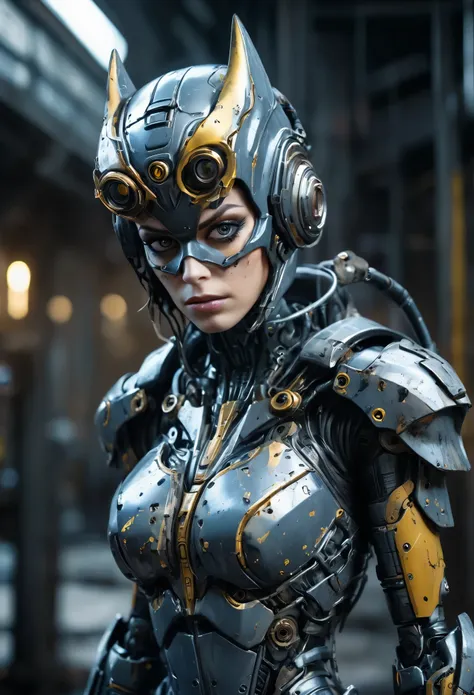 discarded android-cyborg batgirl, sad empty stare, filthy hair, perfect cracked face, perfect sad eyes, skin peeling off, damaged, broken android body, leaking oil, rusty black carapace parts with dirty cracks, mechanical cyborg joints, highly detailed, st...