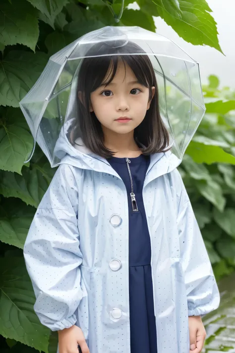 8k,Japanese,10 years old,Innocent face,Teenage Girl,cute,Polka dot raincoat,Rain hood,Its drizzling,Are standing,Hydrangea background,Hair Clip