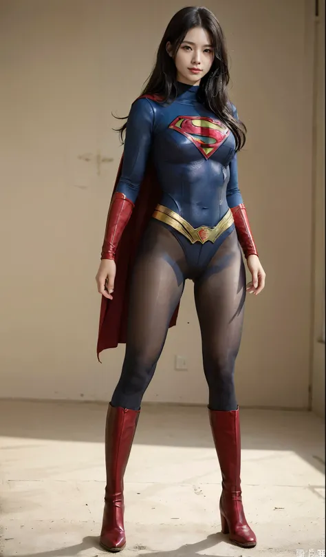 No background、(((Beautiful legs in black tights.)))、(((Legally express the beauty of your smile)))、((((Make the most of your original images)))、(((Supergirl Costume)))、(((Beautiful Hair)))、(((suffering)))、(((Please wear black tights....、Wear red boots)))、(...