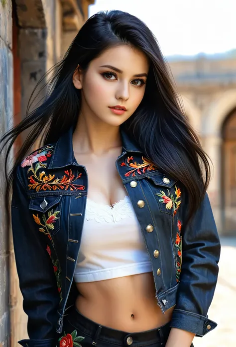 beautiful girl dressed in short skirt and embroidered black denim jacket, long black hair and brown eyes, pale skin, realistic, ...