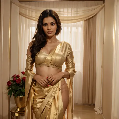 araffe woman in a white sari posing for a picture, draped in silky gold, dressed in a sari, wearing a sari, portrait of sherlyn chopra, wearing sari, sunny leone, very attractive and beautiful, stunning elegant pose, draped in pink and red, captivating and...