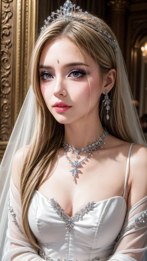 (masterpiece, best quality: 1.4), Detailed background, White crystal, Crystal Cluster,Long hair,jewelry, earrings, necklace, crown, bride, white hair, Halo,