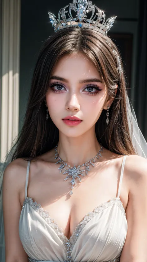 (masterpiece, best quality: 1.4), Detailed background, White crystal, Crystal Cluster,Long hair,jewelry, earrings, necklace, crown, bride, white hair, Halo,