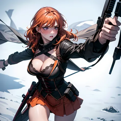 (best quality,4k,8k,highres,masterpiece:1.2),ultra-detailed,(realistic,photorealistic,photo-realistic:1.37), 1 girl, ice spice, orange hair, ready to fight, aiming a compound bow, purple and white mini skirt, intense expression, plain white background, col...